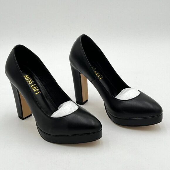 miss left Women's Low Platform High Chunky Heeled Slip On Closed Round Toe Pump - Picture 3 of 6